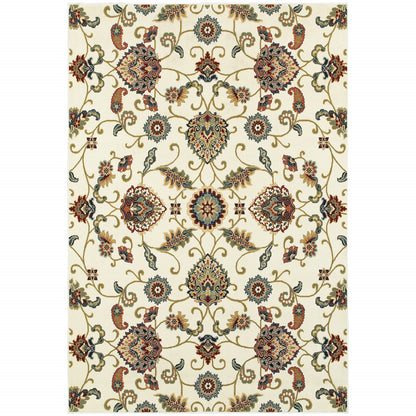 10' X 13' Ivory Green Blue Red Salmon And Yellow Floral Power Loom Stain Resistant Area Rug