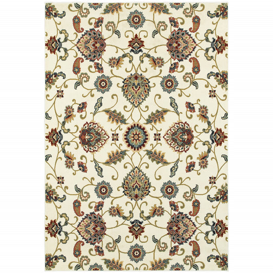 10' X 13' Ivory Green Blue Red Salmon And Yellow Floral Power Loom Stain Resistant Area Rug