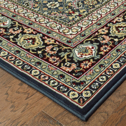 10' X 13' Navy Blue Green Red Ivory And Yellow Oriental Power Loom Stain Resistant Area Rug