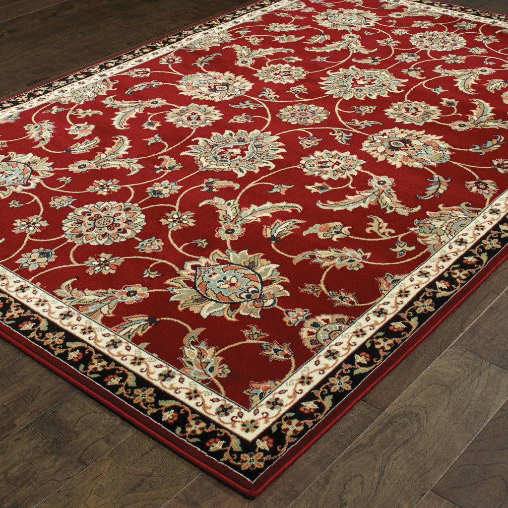 10' X 13' Red Black Blue Ivory Green And Salmon Oriental Power Loom Stain Resistant Area Rug