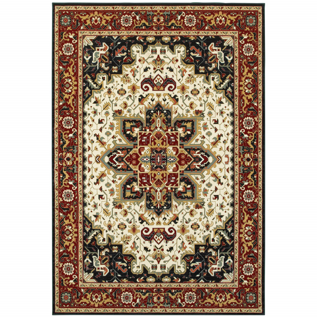 10' X 13' Red And Ivory Oriental Power Loom Stain Resistant Area Rug