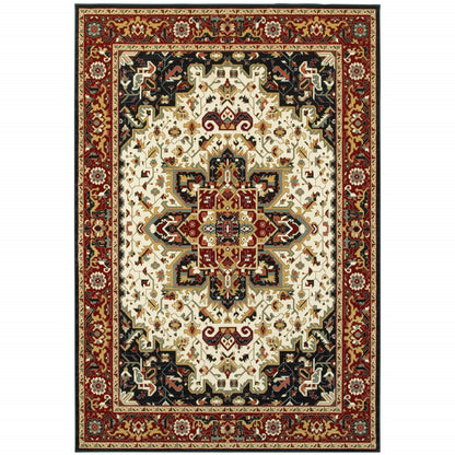 10' X 13' Red And Ivory Oriental Power Loom Stain Resistant Area Rug