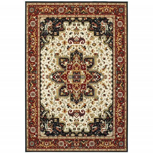 10' X 13' Red And Ivory Oriental Power Loom Stain Resistant Area Rug