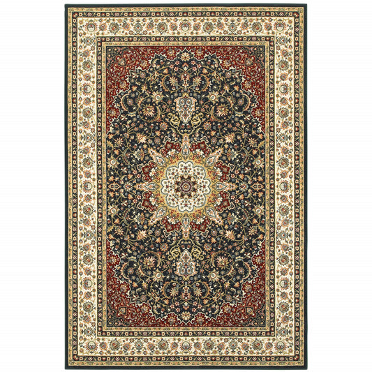 10' X 13' Navy And Ivory Oriental Power Loom Stain Resistant Area Rug