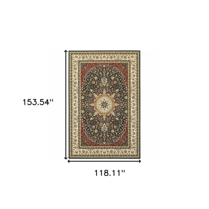 10' X 13' Navy And Ivory Oriental Power Loom Stain Resistant Area Rug