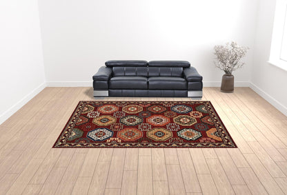 10' X 13' Red Blue Brown And Beige Oriental Power Loom Stain Resistant Area Rug With Fringe