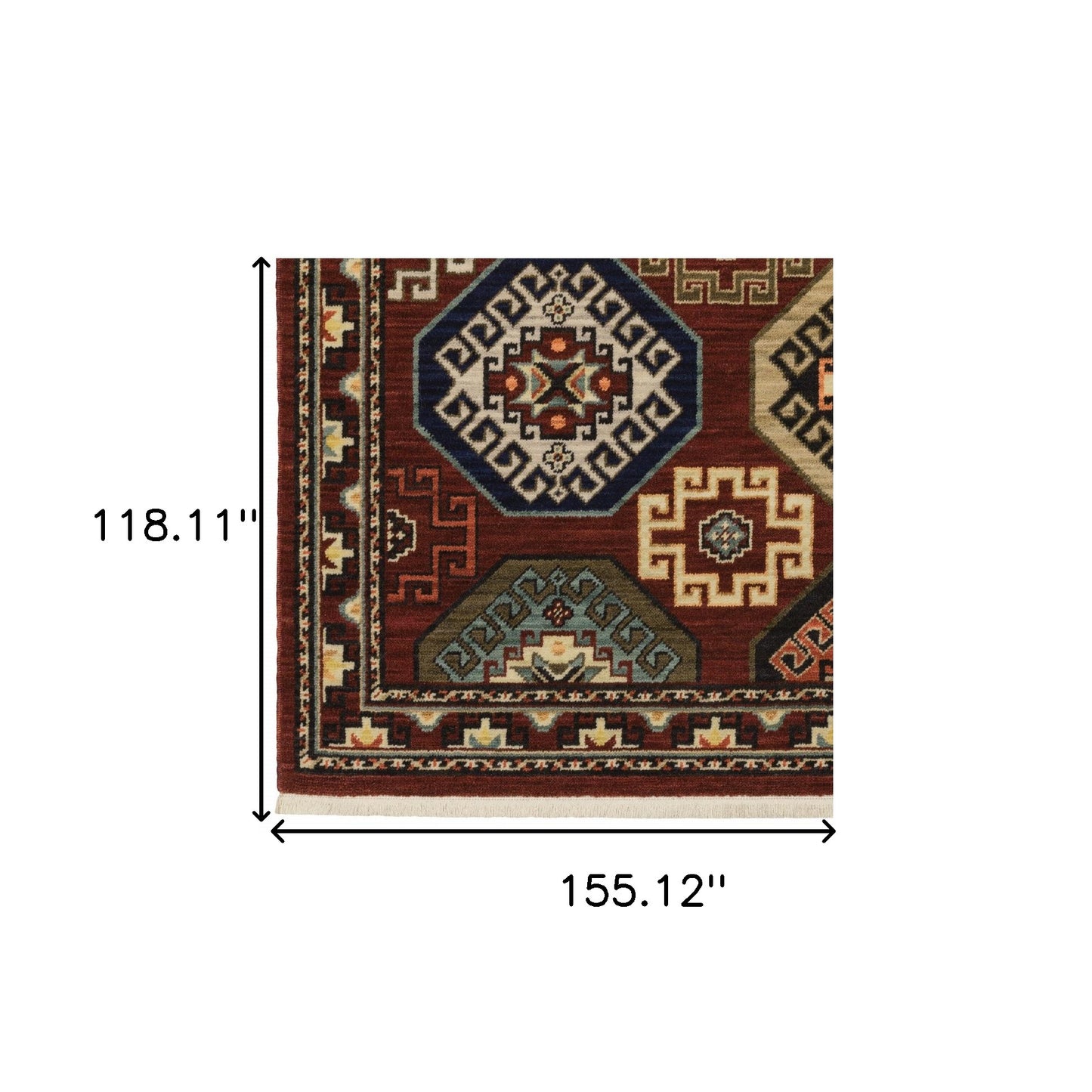 10' X 13' Red Blue Brown And Beige Oriental Power Loom Stain Resistant Area Rug With Fringe