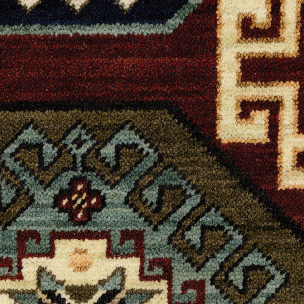 10' X 13' Red Blue Brown And Beige Oriental Power Loom Stain Resistant Area Rug With Fringe