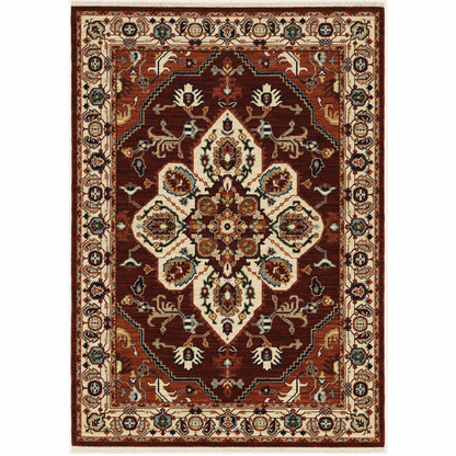 10' X 13' Red Ivory Orange And Blue Oriental Power Loom Stain Resistant Area Rug With Fringe