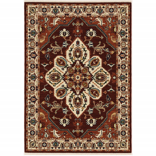 10' X 13' Red Ivory Orange And Blue Oriental Power Loom Stain Resistant Area Rug With Fringe