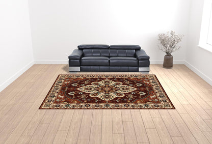 10' X 13' Red Ivory Orange And Blue Oriental Power Loom Stain Resistant Area Rug With Fringe