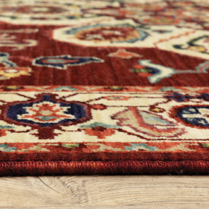 10' X 13' Red Ivory Orange And Blue Oriental Power Loom Stain Resistant Area Rug With Fringe