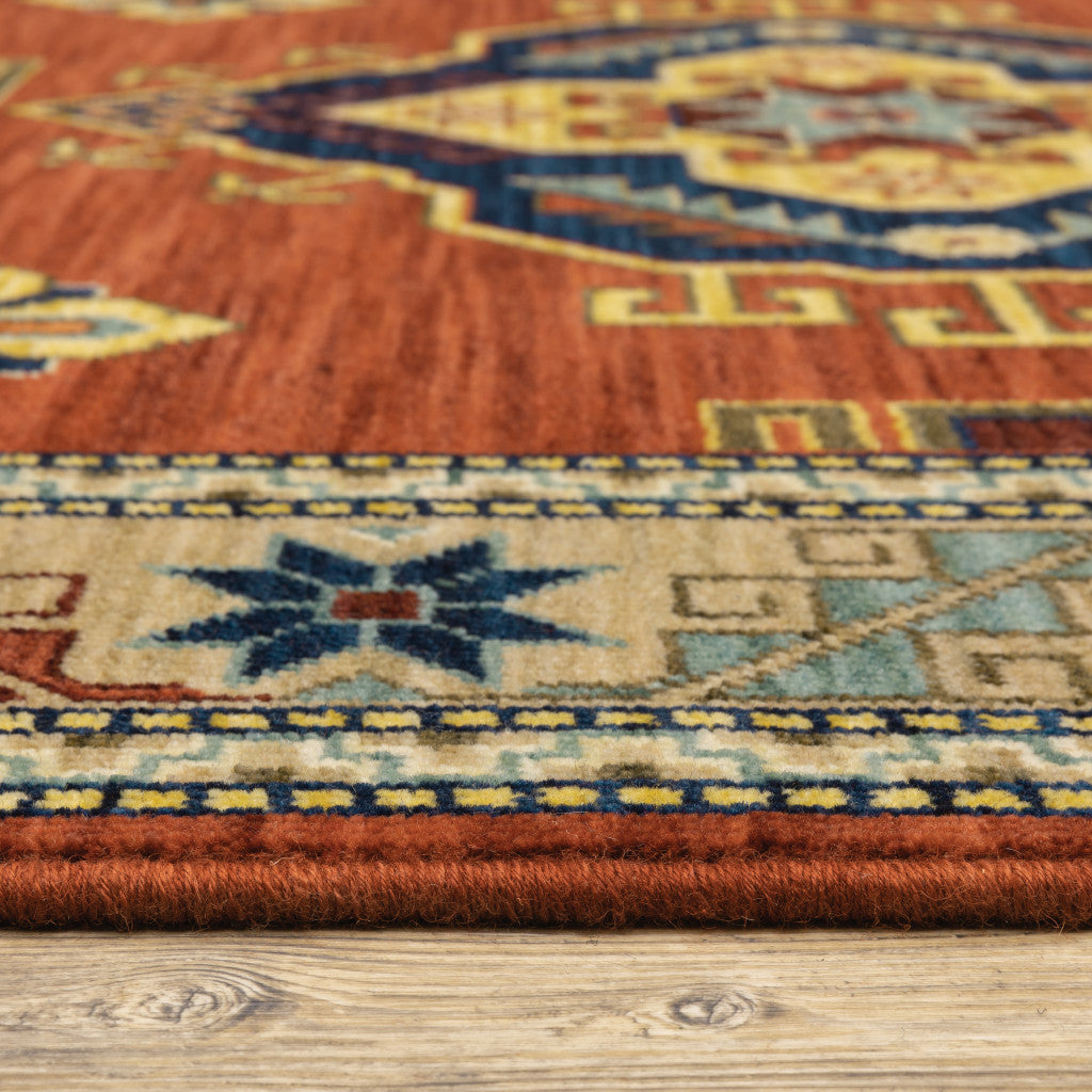 10' X 13' Red Gold Blue Brown Oriental Power Loom Stain Resistant Area Rug With Fringe