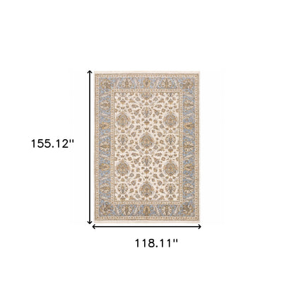 10' X 13' Ivory And Blue Oriental Power Loom Stain Resistant Area Rug With Fringe