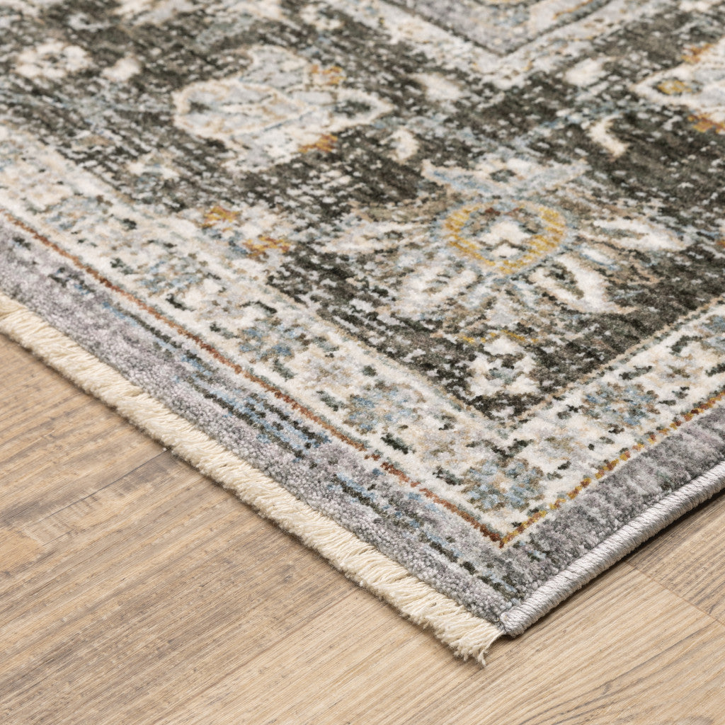 10' X 13' Grey And Blue Oriental Power Loom Stain Resistant Area Rug With Fringe