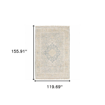 10' X 13' Grey And Beige Oriental Hand Loomed Stain Resistant Area Rug With Fringe