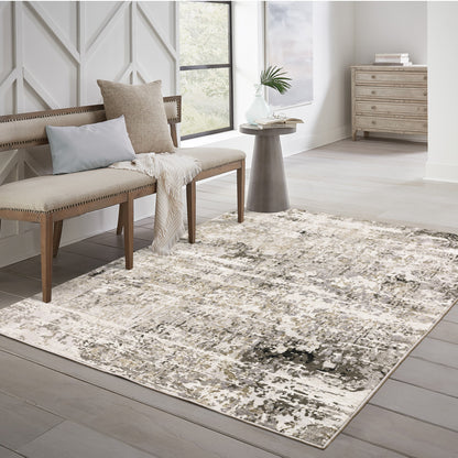 10' X 13' Grey Ivory Beige Charcoal Black Tan And Brown Abstract Power Loom Stain Resistant Area Rug