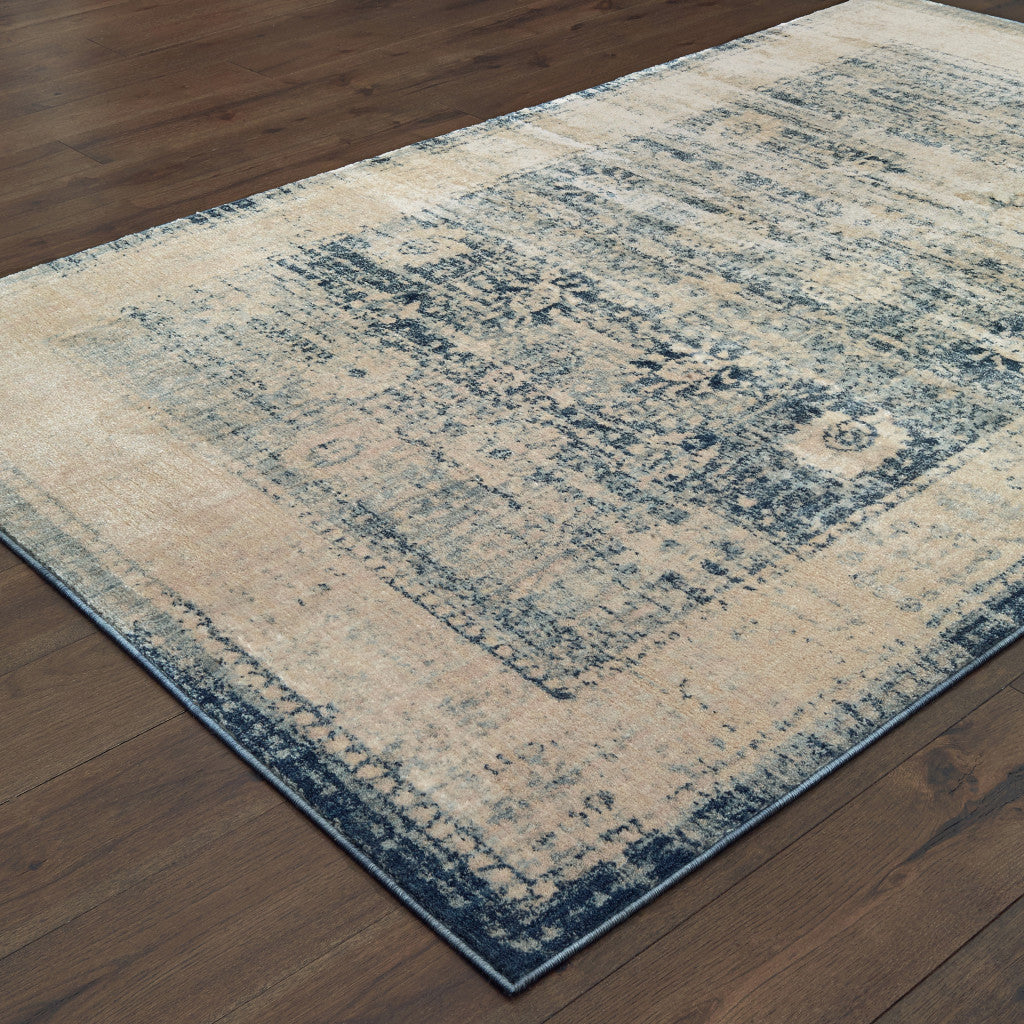 10' X 13' Ivory And Blue Oriental Power Loom Stain Resistant Area Rug