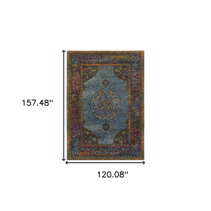 10' X 13' Blue and Beige Oriental Power Loom Area Rug