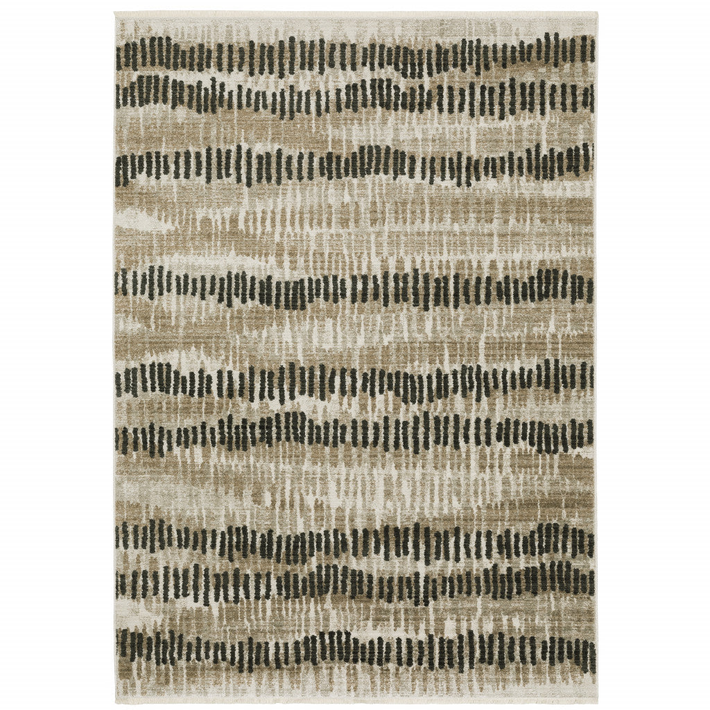 10' X 13' Beige Ivory Charcoal Brown Tan And Grey Abstract Power Loom Stain Resistant Area Rug With Fringe