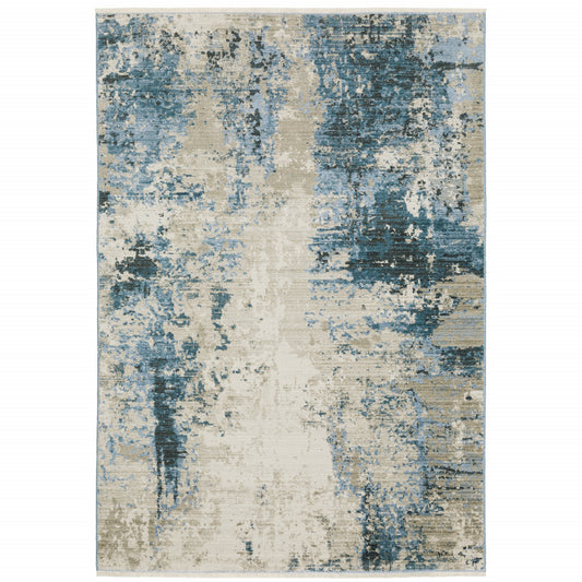 10' X 13' Blue Grey Ivory Light Blue And Dark Blue Abstract Power Loom Stain Resistant Area Rug With Fringe