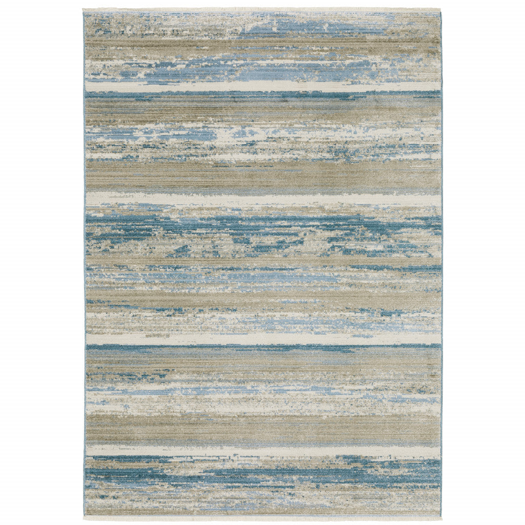 10' X 13' Ivory Beige Grey Blue And Tan Abstract Power Loom Stain Resistant Area Rug With Fringe