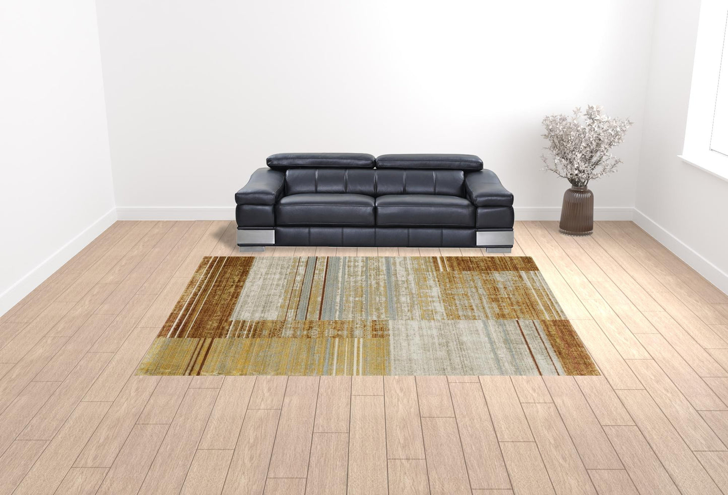 10' X 13' Rust Gold Blue Grey Ivory And Tan Geometric Power Loom Stain Resistant Area Rug With Fringe