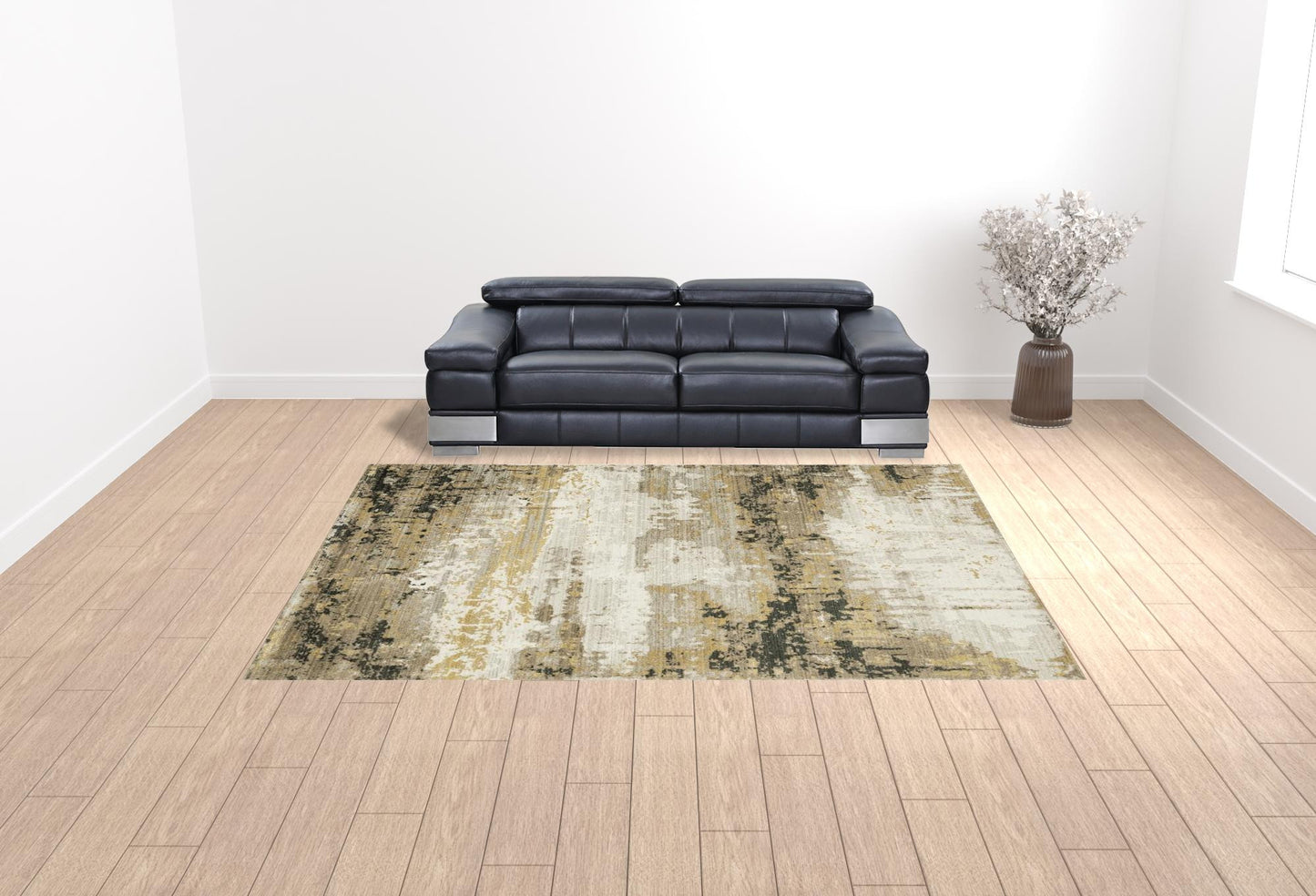 10' X 13' Grey Gold Black Charcoal And Beige Abstract Power Loom Stain Resistant Area Rug With Fringe