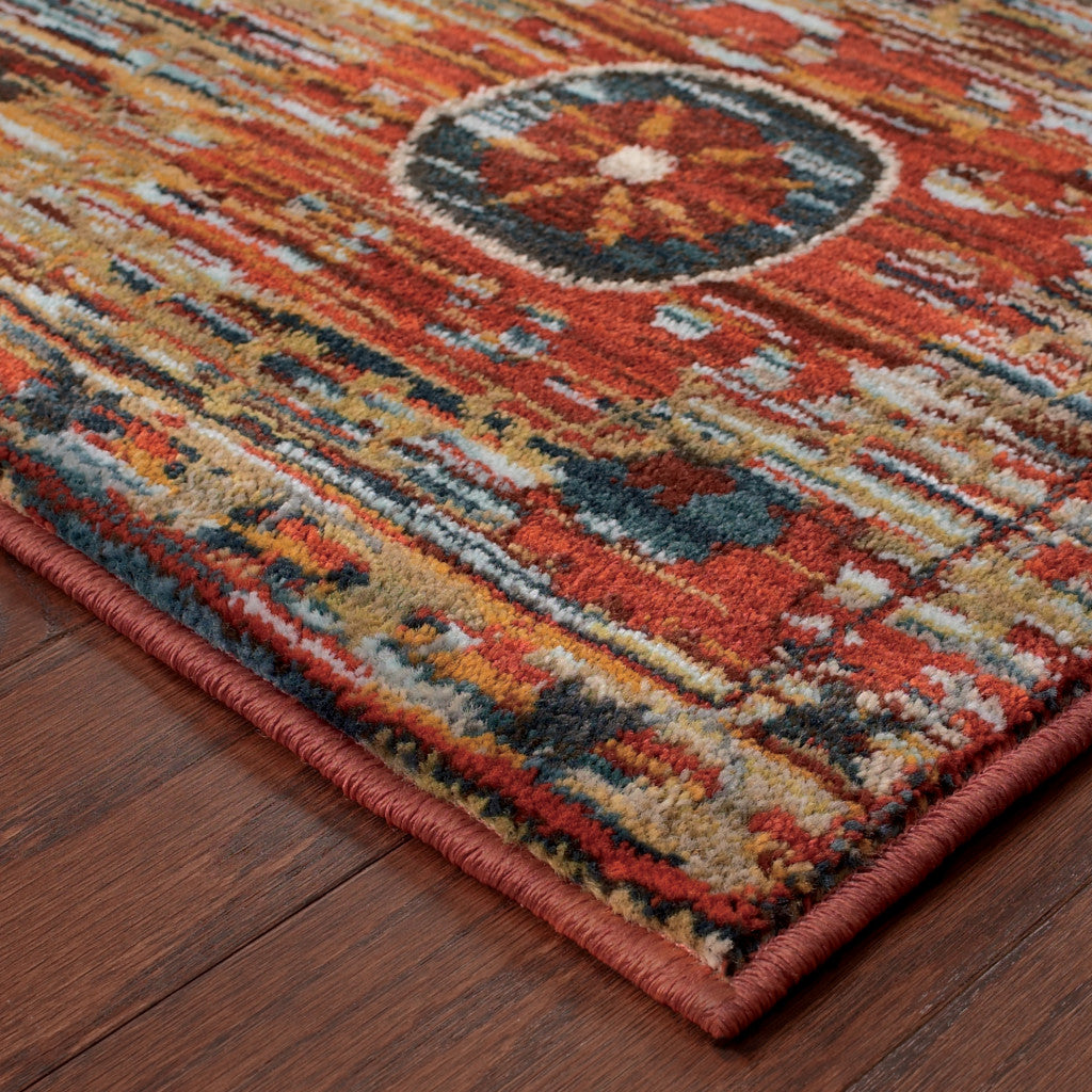 10' X 13' Red Gold Orange Green Ivory Rust And Blue Floral Power Loom Stain Resistant Area Rug