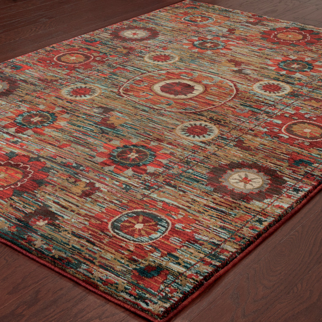 10' X 13' Red Gold Orange Green Ivory Rust And Blue Floral Power Loom Stain Resistant Area Rug