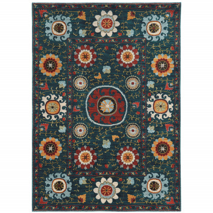 10' X 13' Teal Blue Rust Gold And Ivory Floral Power Loom Stain Resistant Area Rug