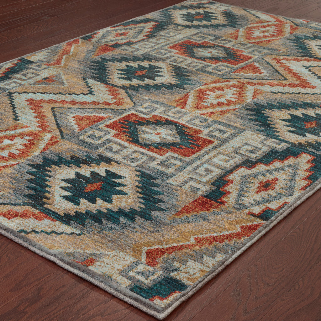 10' X 13' Blue Teal Grey Orange Gold Ivory And Rust Geometric Power Loom Stain Resistant Area Rug