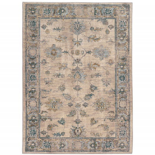 10' X 13' Ivory Blue Gold And Grey Oriental Power Loom Stain Resistant Area Rug