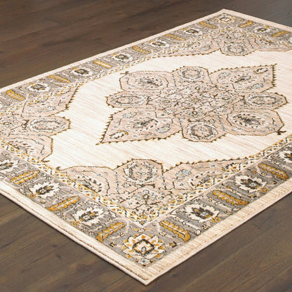 10' X 13' Ivory Gold Grey And Blue Oriental Power Loom Stain Resistant Area Rug