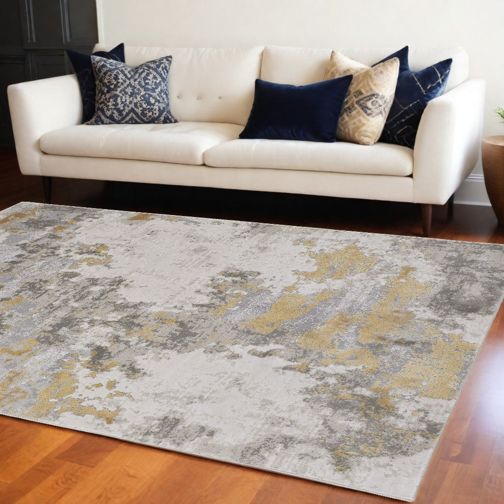 10' X 13' Ivory Gold And Gray Abstract Stain Resistant Area Rug