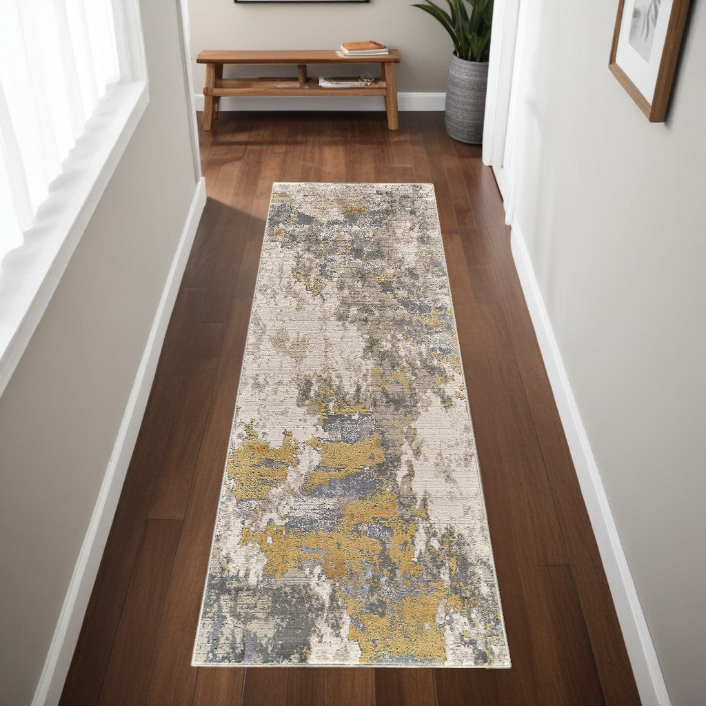 10' X 13' Ivory Gold And Gray Abstract Stain Resistant Area Rug