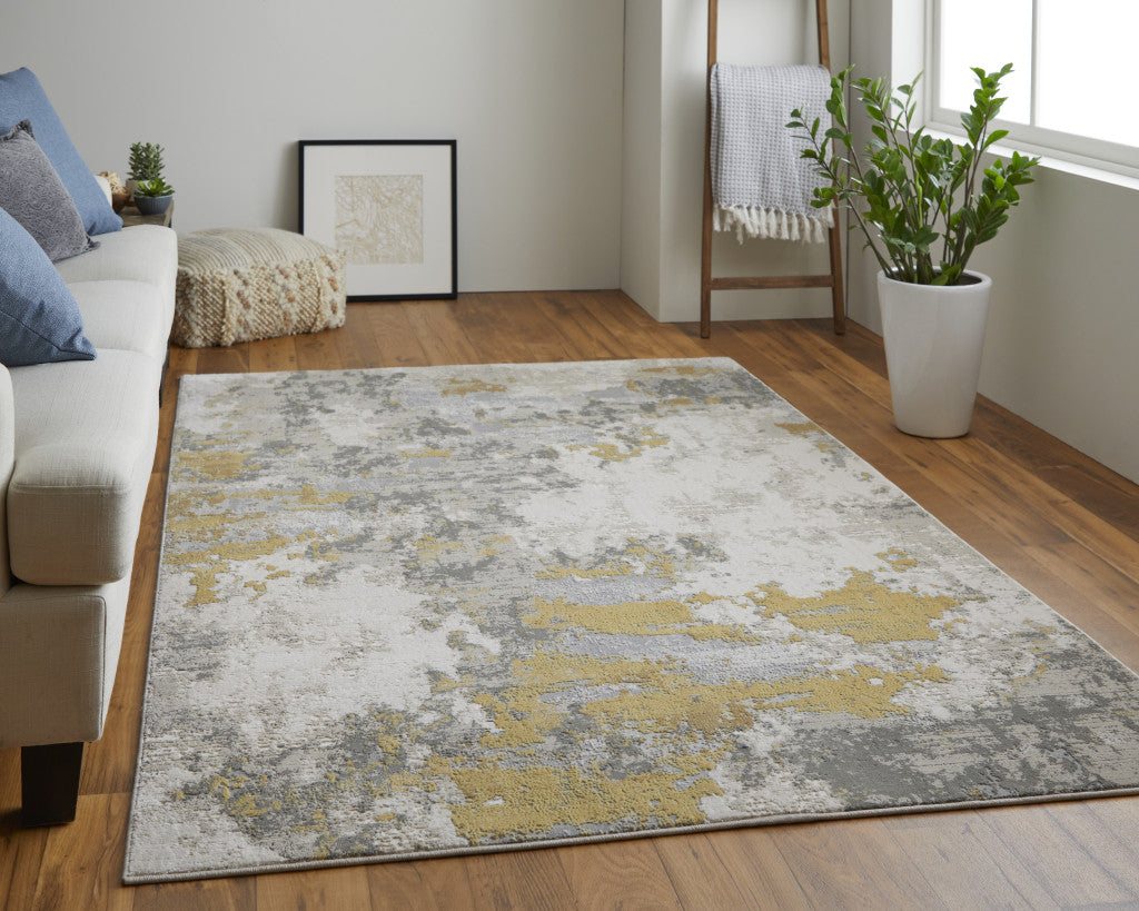 10' X 13' Ivory Gold And Gray Abstract Stain Resistant Area Rug