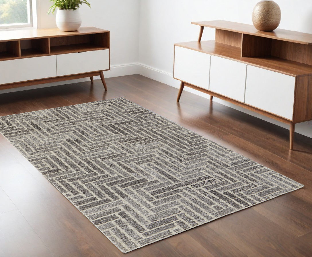 10' Tan and Gray Round Wool Geometric Hand Tufted Area Rug