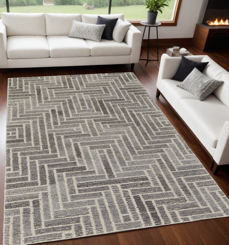 10' Tan and Gray Round Wool Geometric Hand Tufted Area Rug