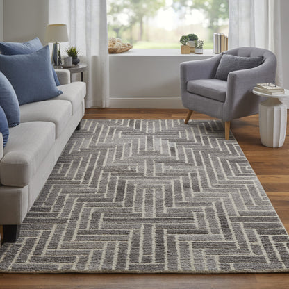 10' Tan and Gray Round Wool Geometric Hand Tufted Area Rug