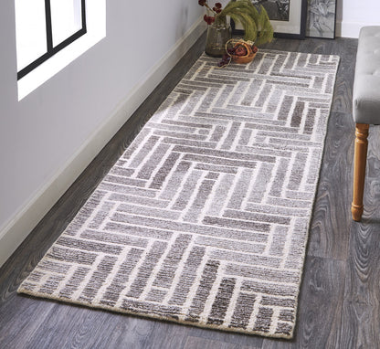 10' Tan and Gray Round Wool Geometric Hand Tufted Area Rug