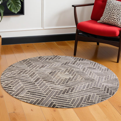 10' Tan and Gray Round Wool Geometric Hand Tufted Area Rug