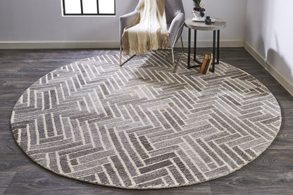 10' Tan and Gray Round Wool Geometric Hand Tufted Area Rug