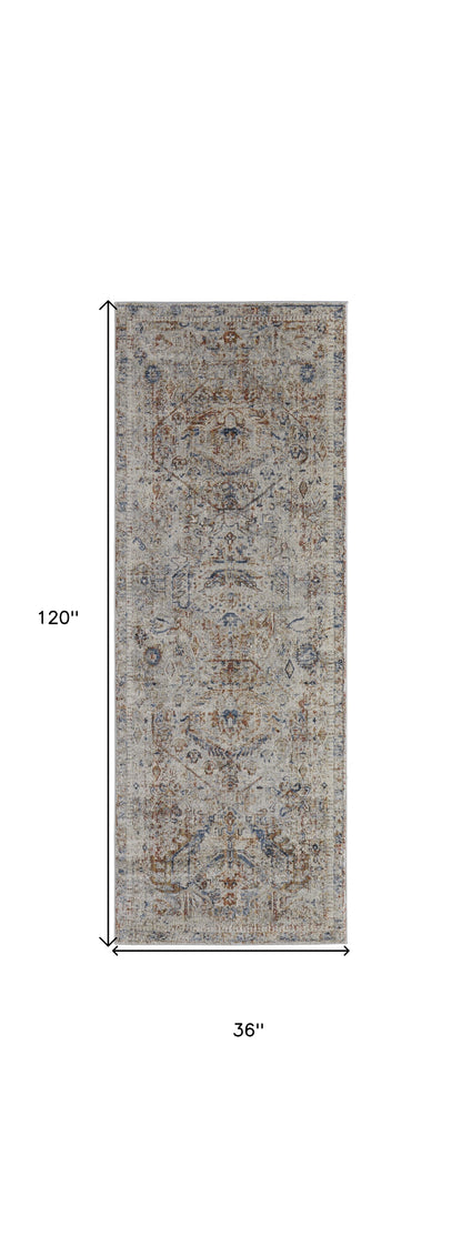 10' Tan Orange And Red Floral Power Loom Distressed Runner Rug With Fringe