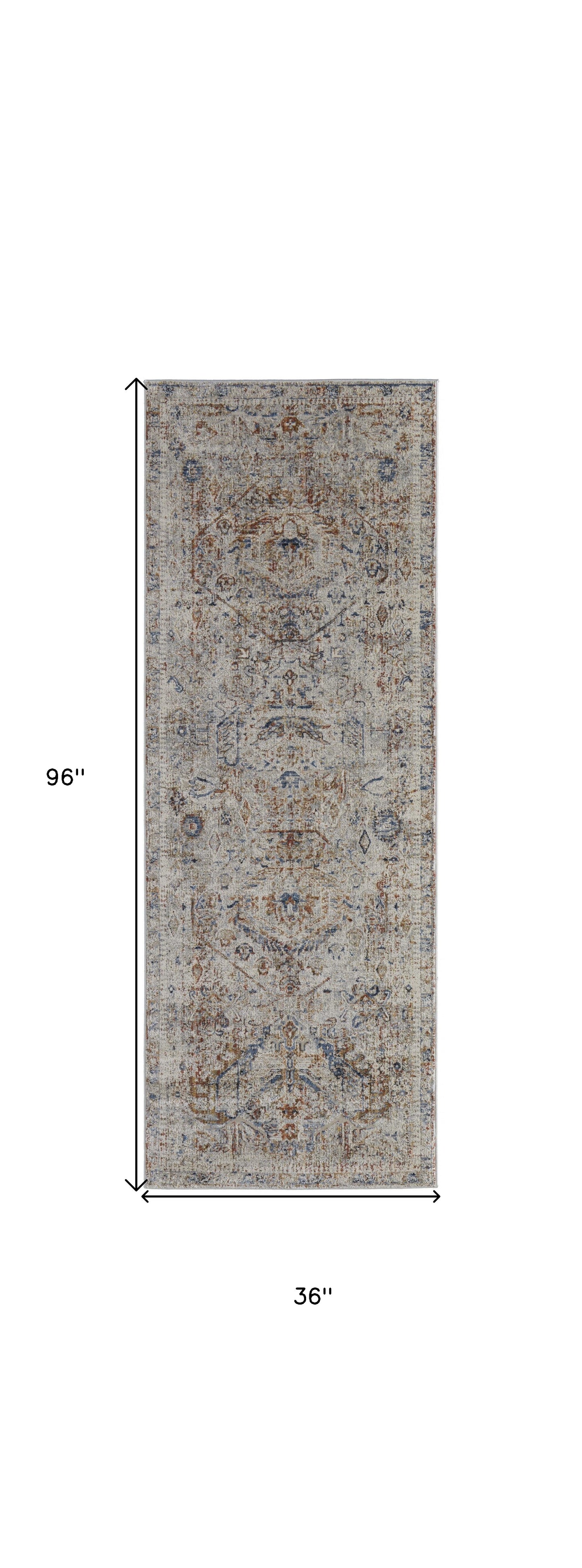 10' Tan Orange And Red Floral Power Loom Distressed Runner Rug With Fringe