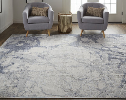 10' X 13' Ivory And Blue Abstract Power Loom Distressed Area Rug