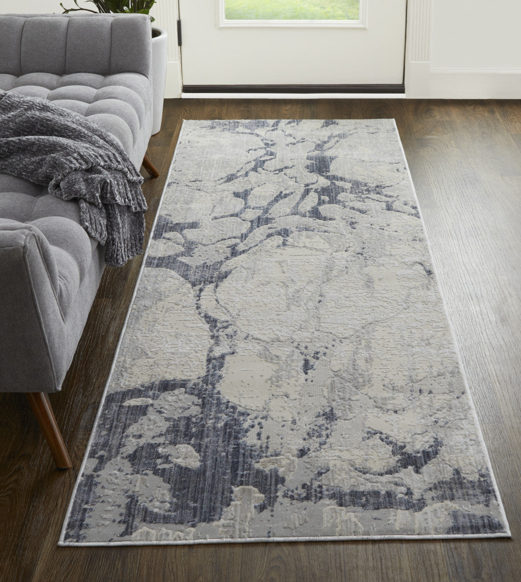 10' X 13' Ivory And Blue Abstract Power Loom Distressed Area Rug