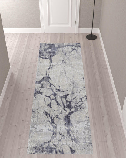 10' X 13' Ivory And Blue Abstract Power Loom Distressed Area Rug