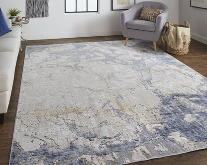 10' X 13' Ivory And Blue Abstract Power Loom Distressed Area Rug