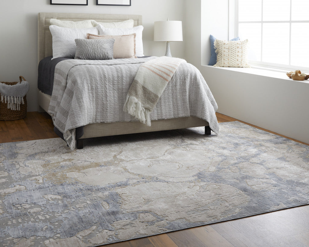 10' X 13' Ivory And Blue Abstract Power Loom Distressed Area Rug